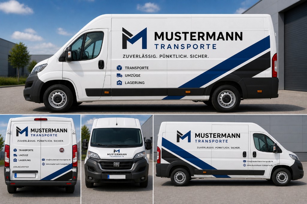 Collage: Fiat Ducato Transporter mit Firmenbeschriftung MUSTERMANN TRANSPORTE, Logo, Leistungen und grafischer Teilfolierung, vier Außenansichten