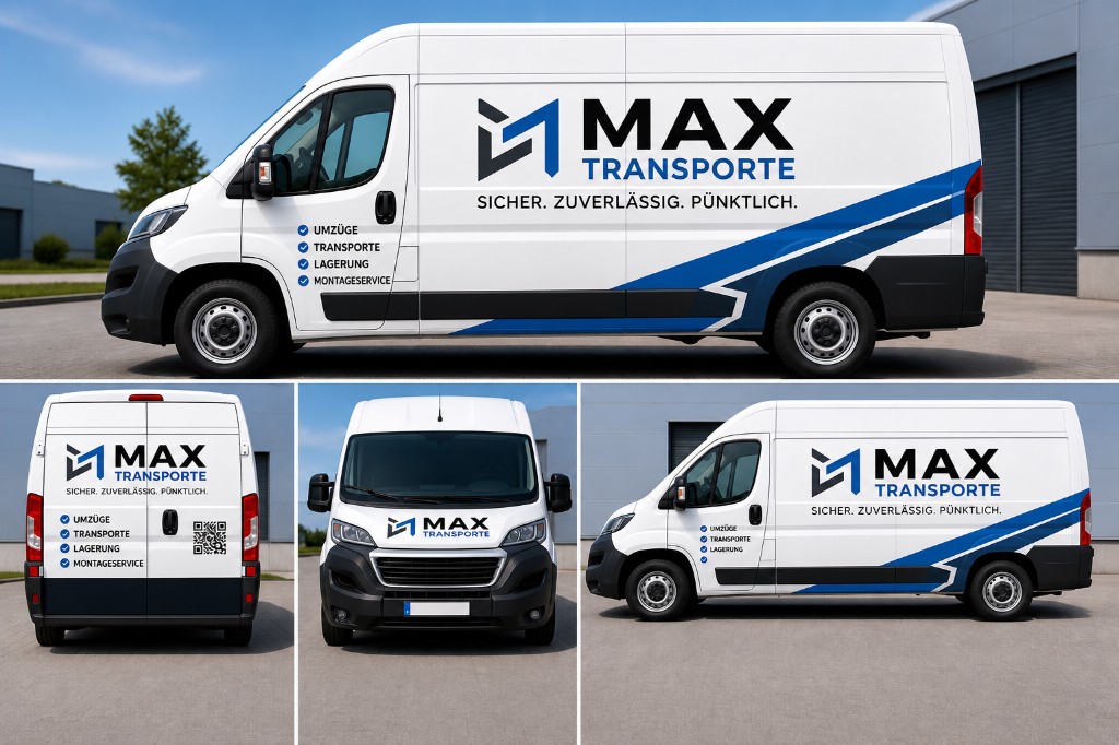 Collage: Transporter mit Beschriftung MAX TRANSPORTE, Leistungsliste und QR-Code auf den Hecktüren, vier Außenansichten