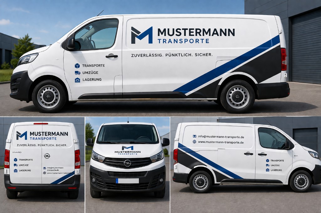 Collage: Opel Vivaro mit MUSTERMANN TRANSPORTE Branding, Leistungsliste und diagonalen Folienakzenten, vier Ansichten