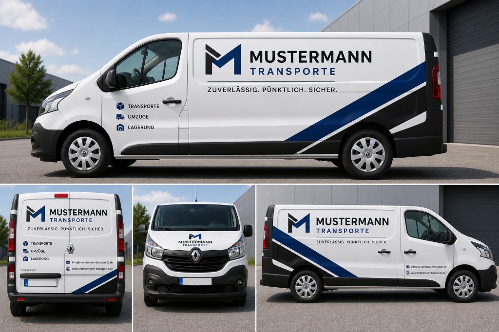Collage: Renault Trafic mit einheitlichem Branding MUSTERMANN TRANSPORTE, Kontaktdaten und blau-schwarzen Akzenten, vier Ansichten