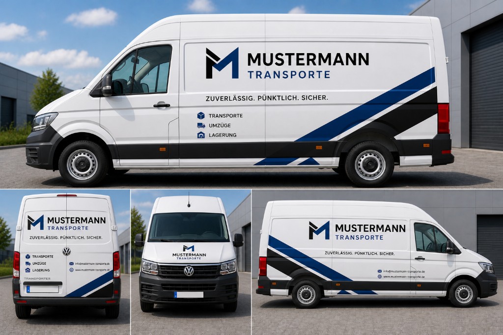 Collage: VW Crafter mit Vollbeschriftung MUSTERMANN TRANSPORTE, Slogan, Service-Icons und Streifen-Design, vier Ansichten