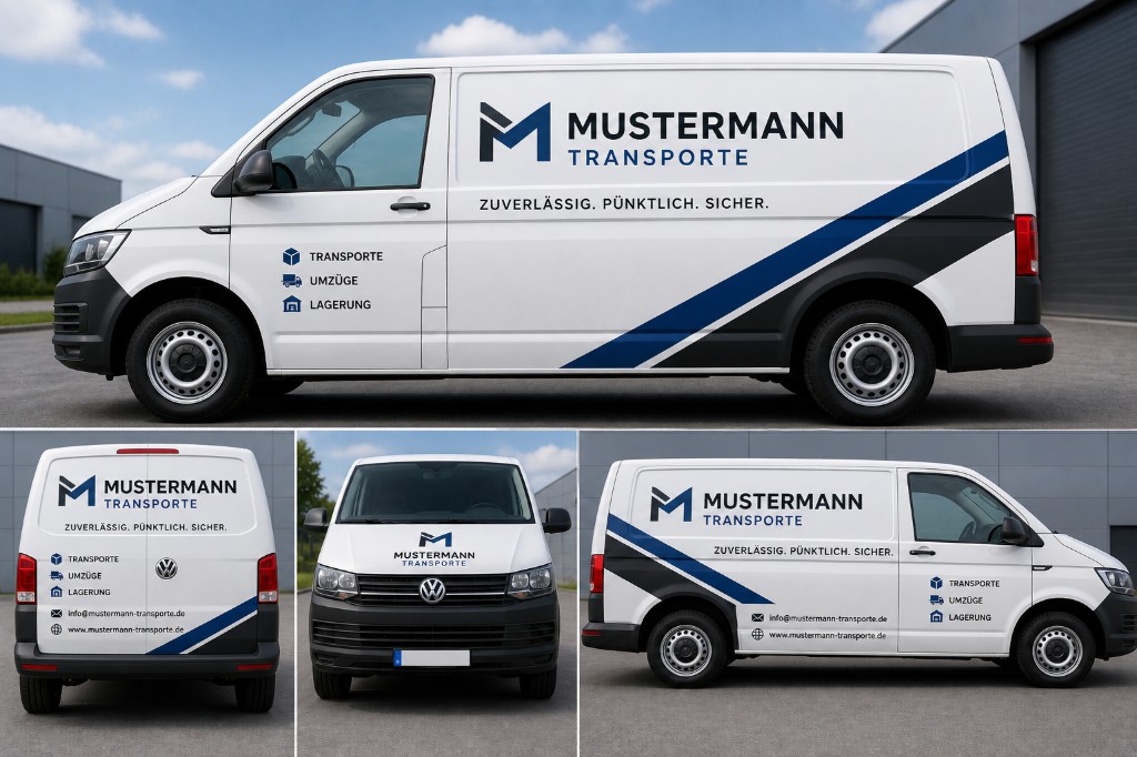 Collage: VW Transporter mit Beschriftung MUSTERMANN TRANSPORTE, Kontaktzeilen und dynamischer Teilfolierung unten, vier Ansichten