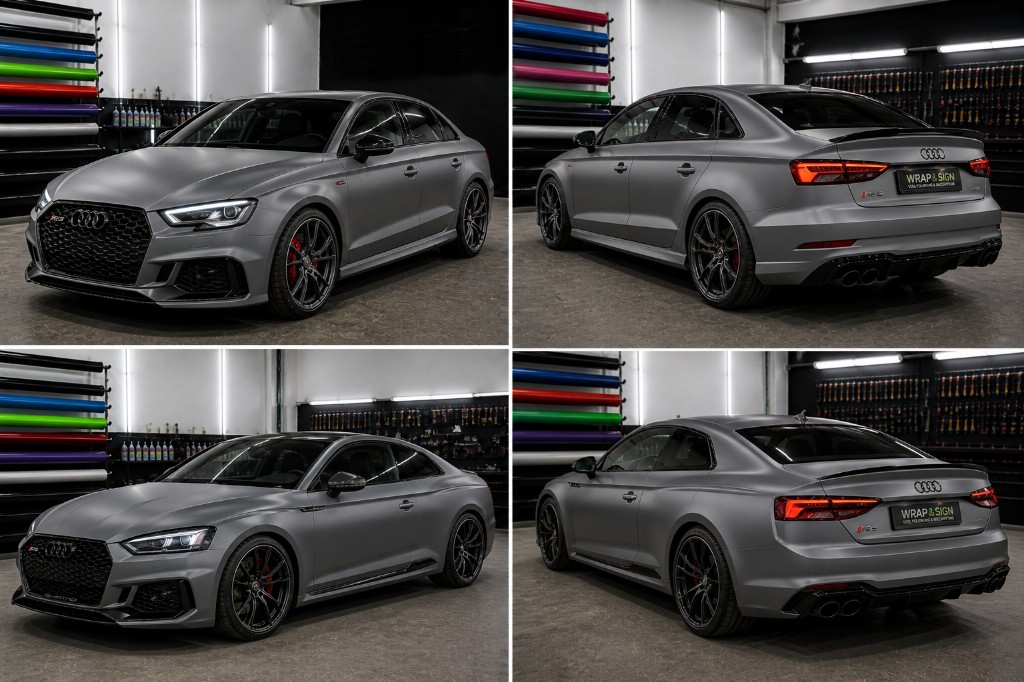 Collage: Audi RS3 und Audi RS5 Coupé mit matt-grauer Vollfolierung, vier Ansichten in der Folierwerkstatt mit Folienrollen und WRAP&SIGN-Kennzeichenrahmen