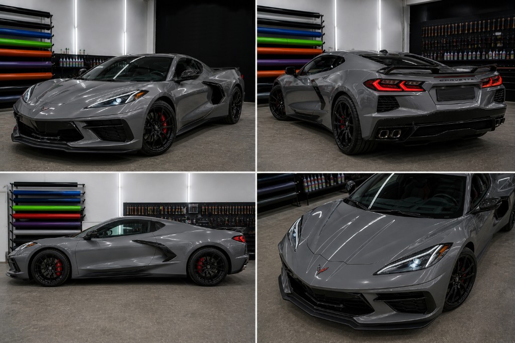 Collage: Chevrolet Corvette C8 in grau hochglanz, vier Ansichten in der Folierwerkstatt mit Folienrollen, Werkzeugwand und roten Bremssätteln