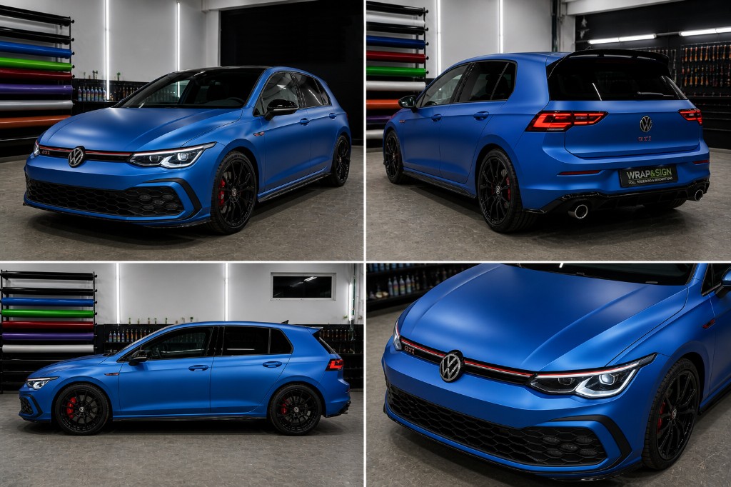 Collage: VW Golf GTI mit matt-metallic blauer Vollfolierung, vier Ansichten in der Folierwerkstatt mit Folienrollen und WRAP&SIGN-Kennzeichenrahmen