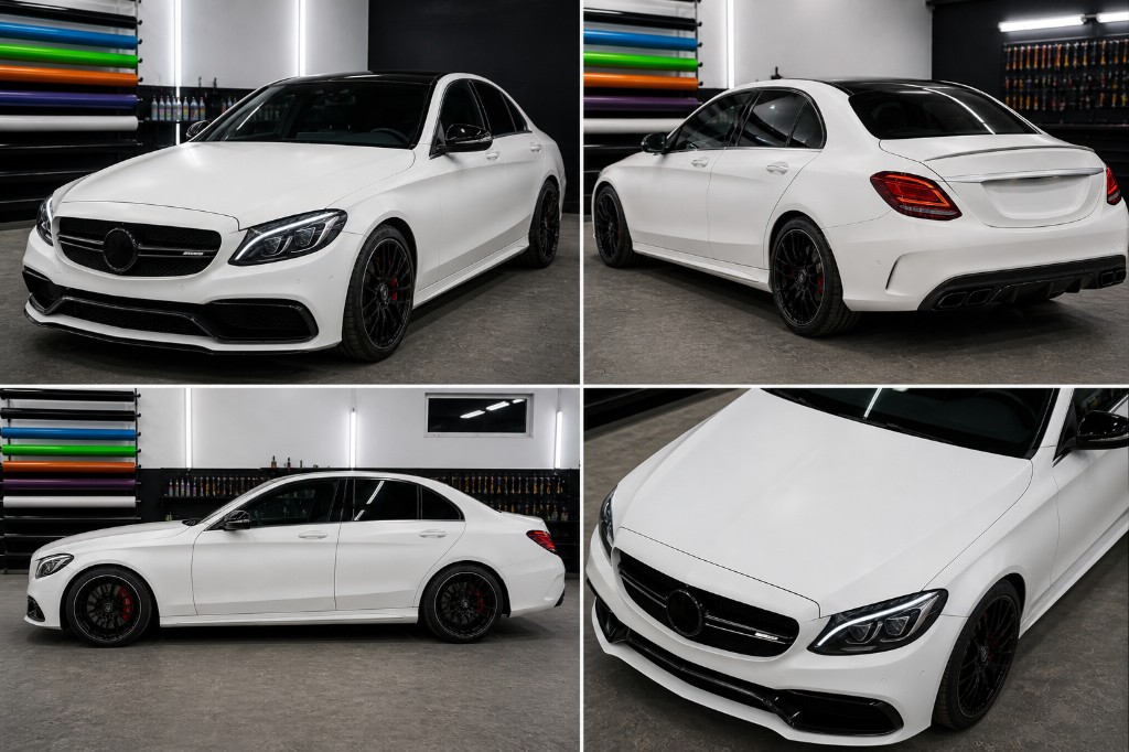 Collage: Mercedes-Benz C-Klasse AMG mit mattweißer Vollfolierung und schwarzen Hochglanz-Akzenten, vier Ansichten in der Folierwerkstatt mit Folienrollen