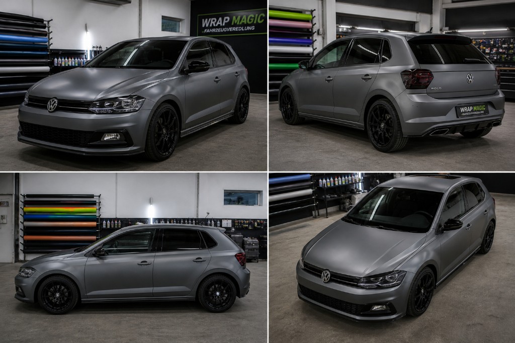 Collage: VW Polo mit professioneller matt-grauer Vollfolierung in der Wrap-Magic-Werkstatt, vier Ansichten mit Folienrollen und Firmenschriftzug im Hintergrund