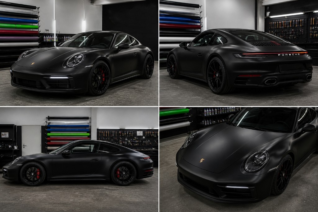 Collage: Porsche 911 mit hochwertiger matt-schwarzer Vollfolierung, vier Ansichten in der Folierwerkstatt mit Folienrollen und Werkzeugwand
