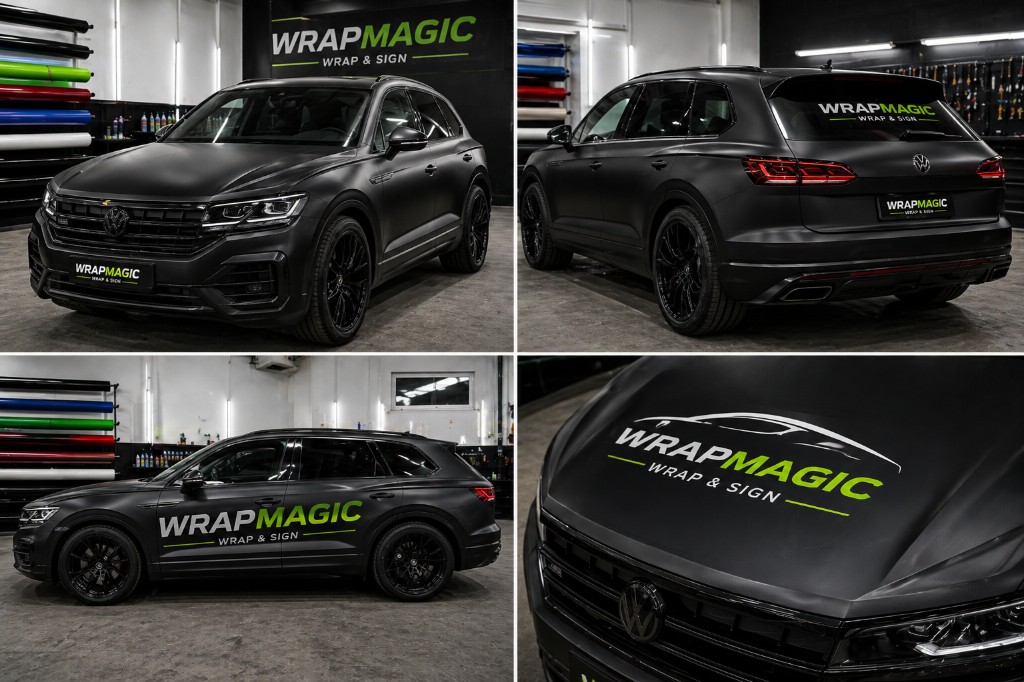 Collage: VW Touareg in matt-schwarzer Vollfolierung mit lime-grünem und weißem Wrapmagic-Branding, vier Ansichten in der Folierwerkstatt