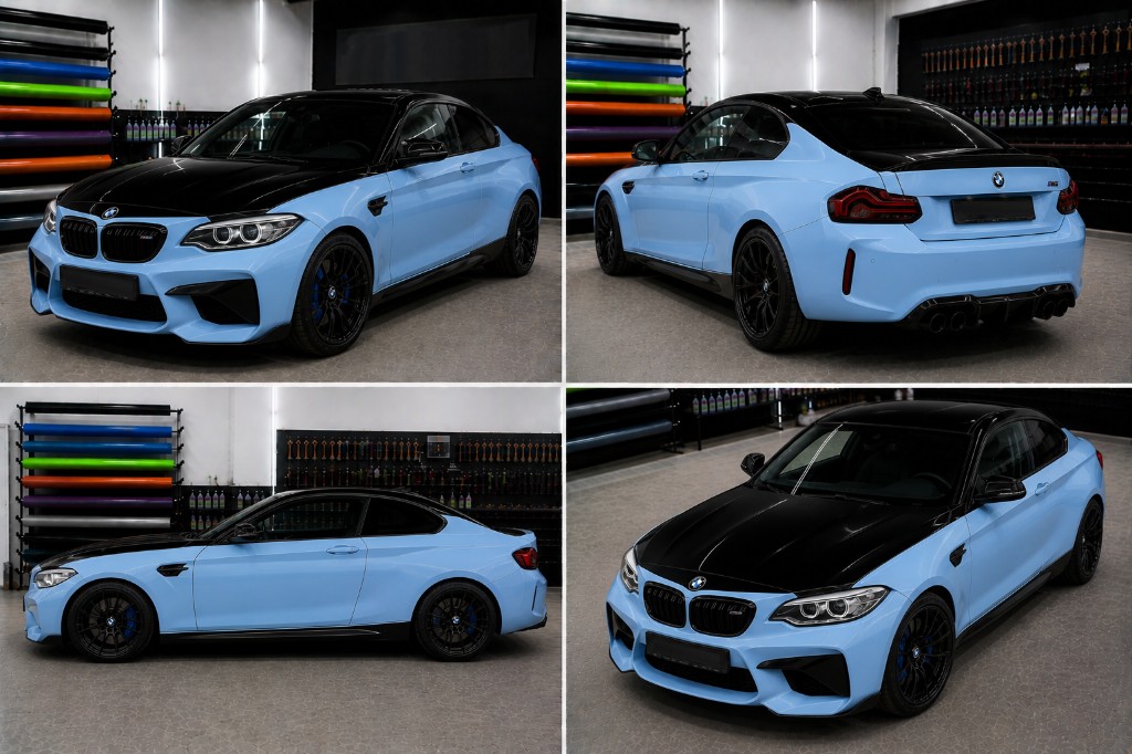 Collage: BMW M2 mit hochglanz-schwarzer Teilfolierung auf Haube, Dach und Heckdeckel, hellblauer Basislack, vier Ansichten in der Folierwerkstatt