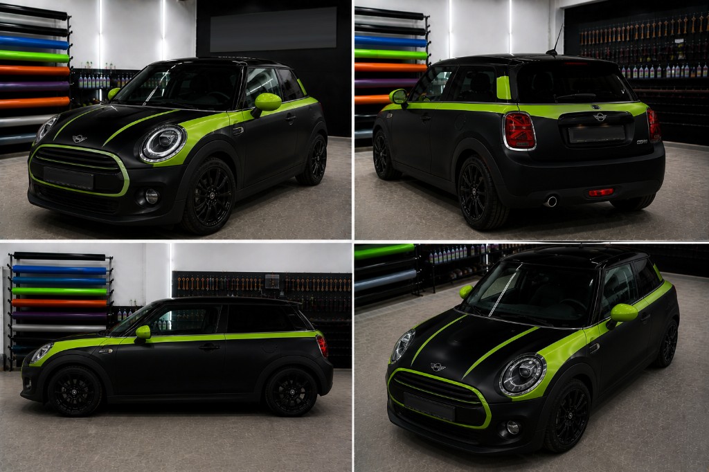 Collage: Mini Cooper mit leuchtgrünen Teilfolierungs-Akzenten auf matt-schwarzer Basis, Streifen und Details, vier Ansichten in der Folierwerkstatt