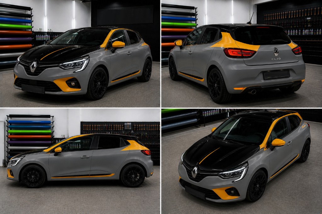 Collage: Renault Clio mit matter Teilfolierung und gelb-orangen Akzenten, matt-grauer Basislack, vier Ansichten in der Folierwerkstatt