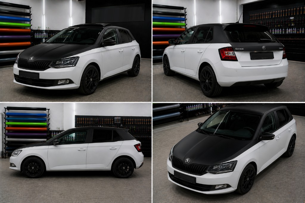 Collage: Skoda Fabia mit matter schwarzer Teilfolierung auf Haube, Dach, Säulen und Heck, weißer Basislack, vier Ansichten in der Folierwerkstatt