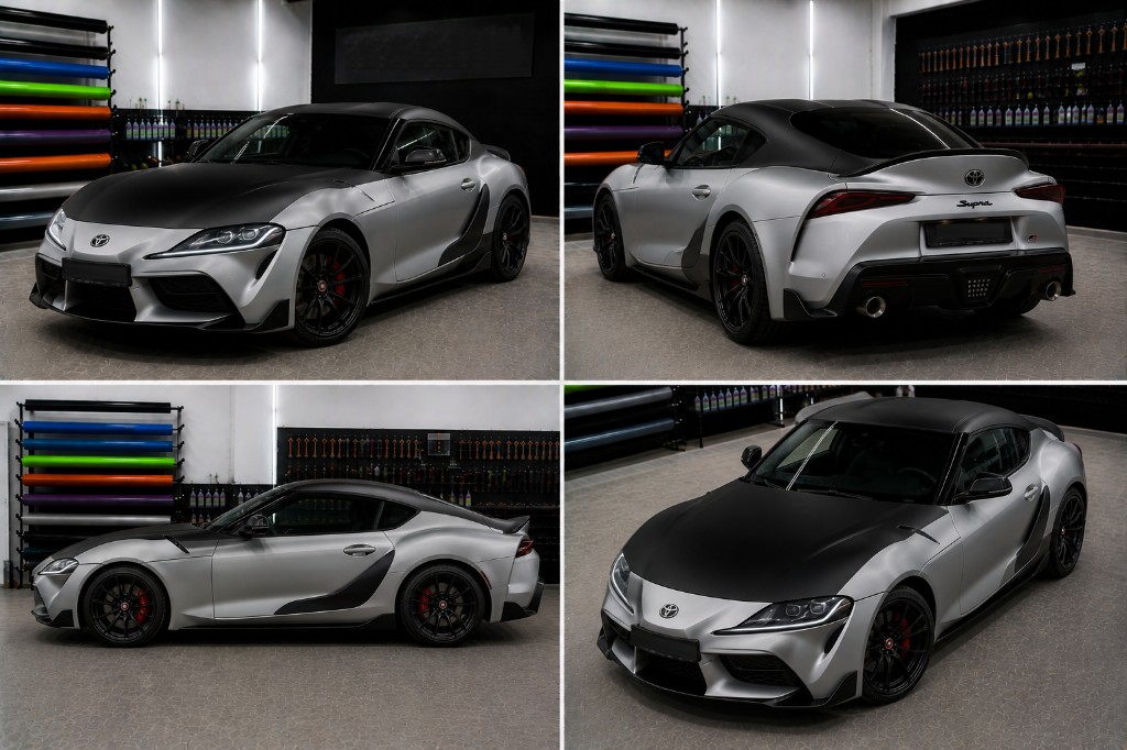 Collage: Toyota GR Supra mit matter Teilfolierung auf Haube, Dach und Seitenlinien, matt-silberner Basislack, vier Ansichten in der Folierwerkstatt