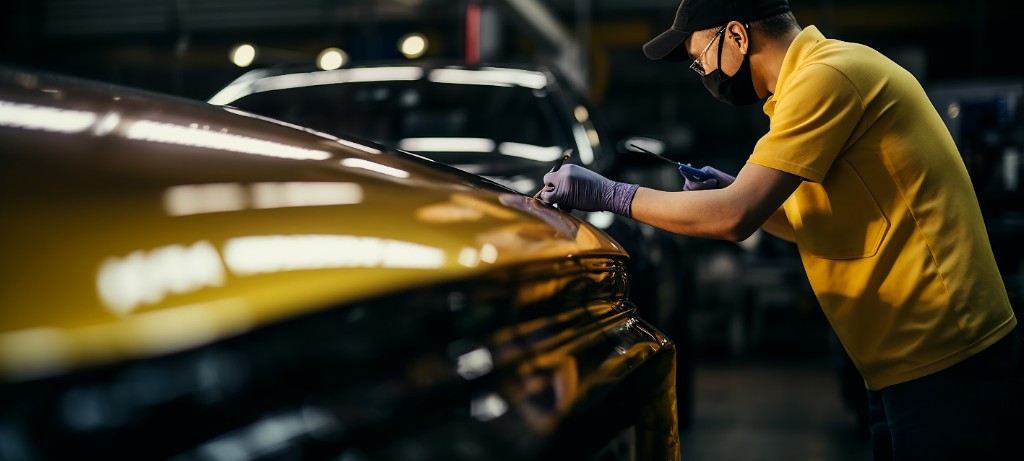 Professionelle Werkstatt: Techniker bei der präzisen Folienmontage am lackierten Fahrzeug mit dramatischer Hallenbeleuchtung – Wrap Magic Fahrzeugfolierung