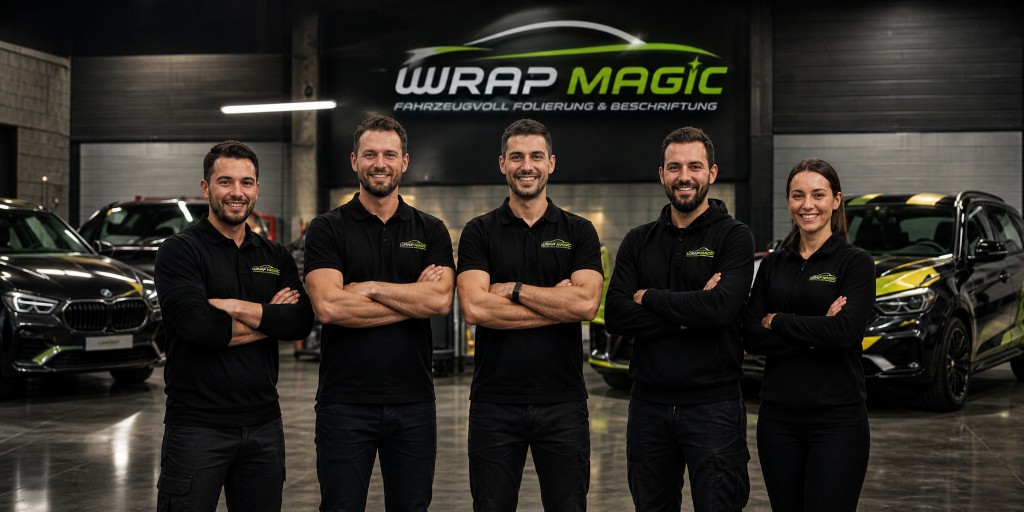 Team Wrap Magic in der Werkstatt vor beleuchtetem Logo – Fahrzeugvollfolierung und Beschriftung